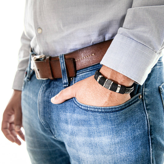 Pulsera de cuero «anillo» - plata - B028: 20 cm