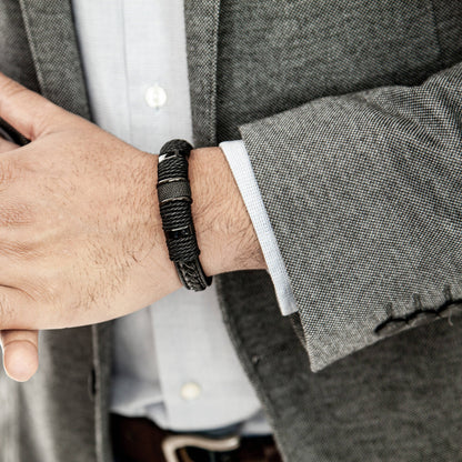 Pulsera de cuero «anillo» - negro - B027: 20 cm